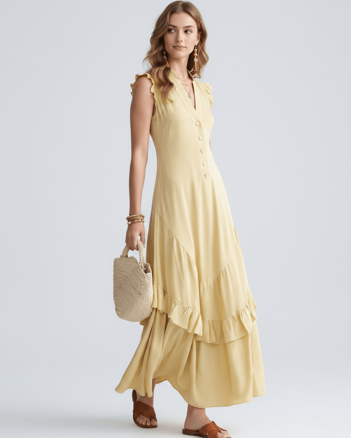 Seralyn Maxi Dress by Lauven — chiffon blend sleeveless V-neck A-line maxi dress