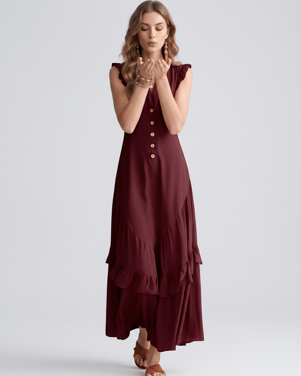 Seralyn Maxi Dress by Lauven — chiffon blend sleeveless V-neck A-line maxi dress