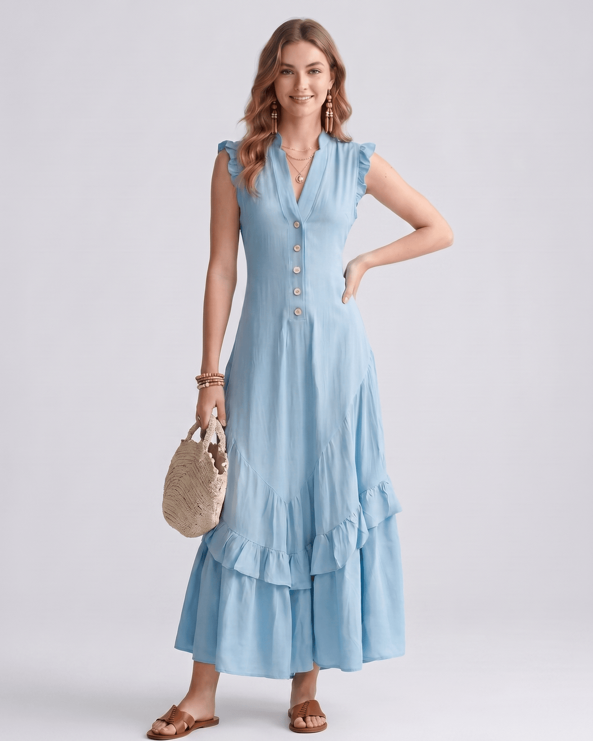 Seralyn Maxi Dress by Lauven — chiffon blend sleeveless V-neck A-line maxi dress