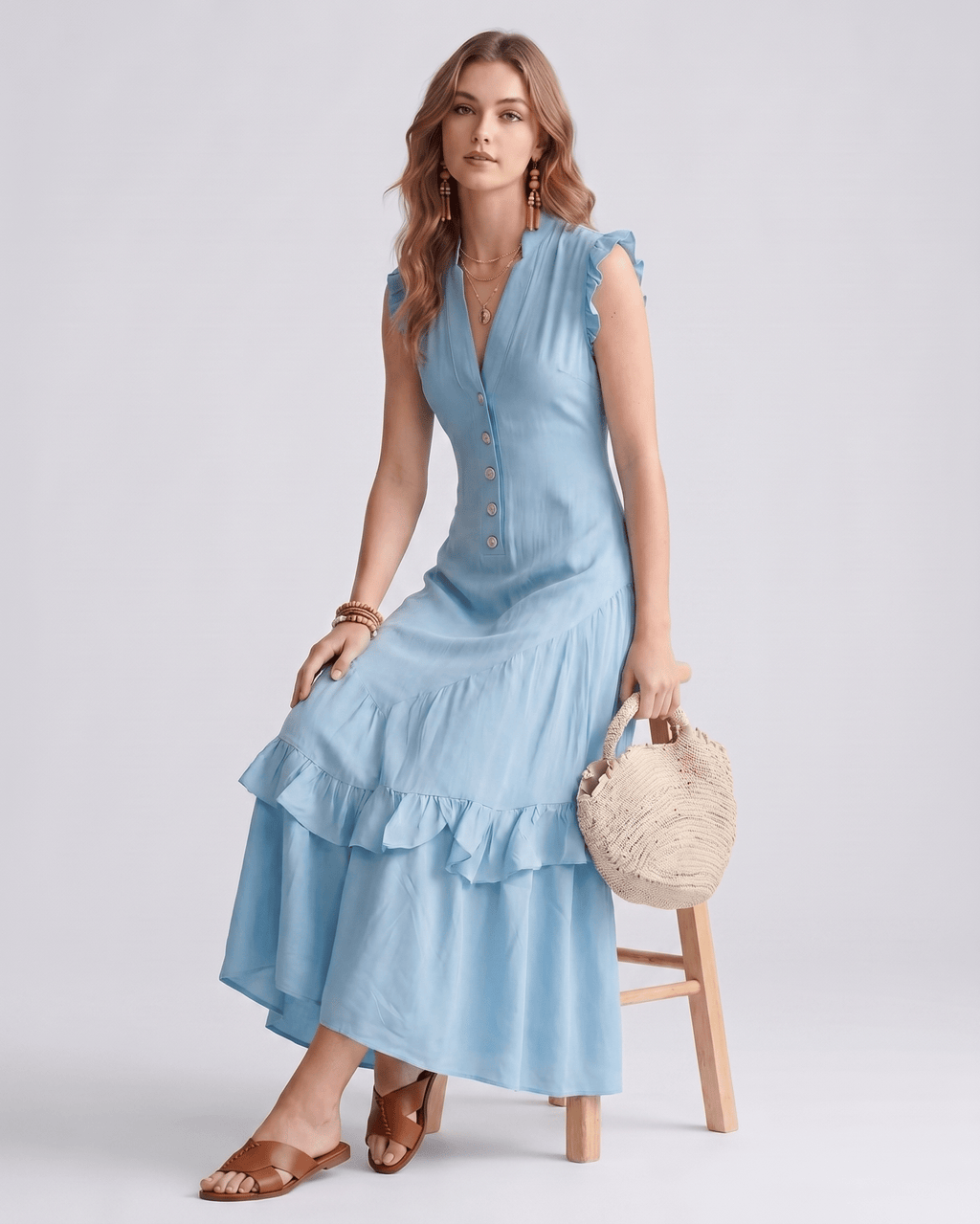 Seralyn Maxi Dress by Lauven — chiffon blend sleeveless V-neck A-line maxi dress