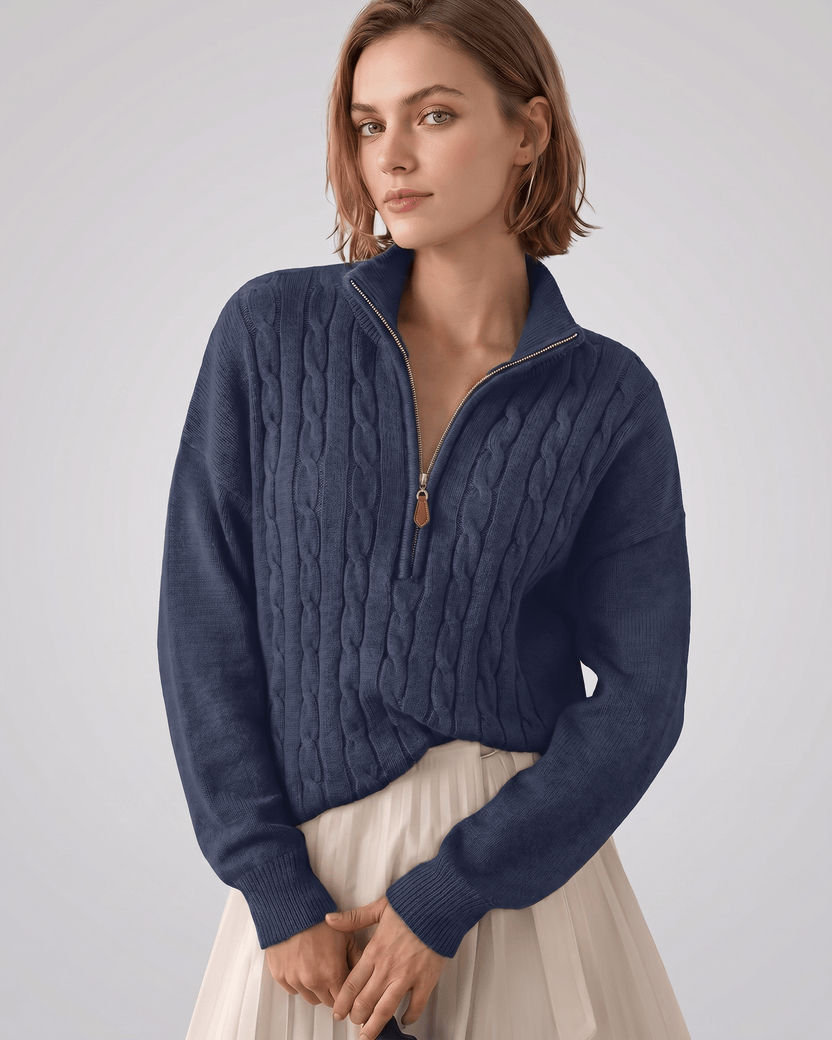 Veloura Sweater by Lauven — navy women’s cable knit half-zip sweater with ribbed texture and relaxed fit
