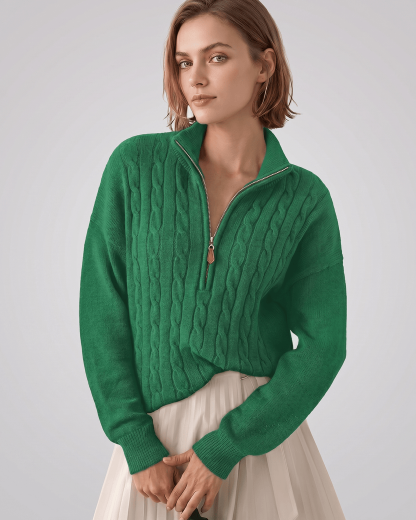Veloura Sweater by Lauven — green women’s cable knit half-zip sweater with ribbed texture and relaxed fit