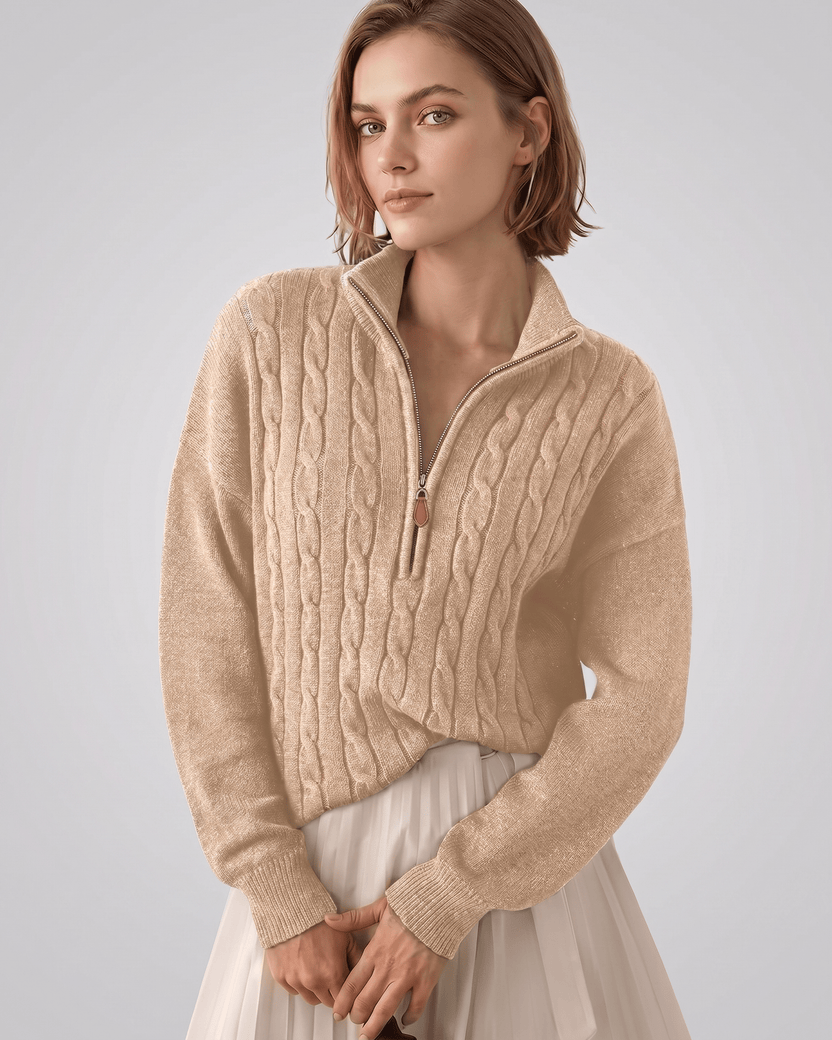 Veloura Sweater by Lauven — beige women’s cable knit half-zip sweater with ribbed texture and relaxed fit