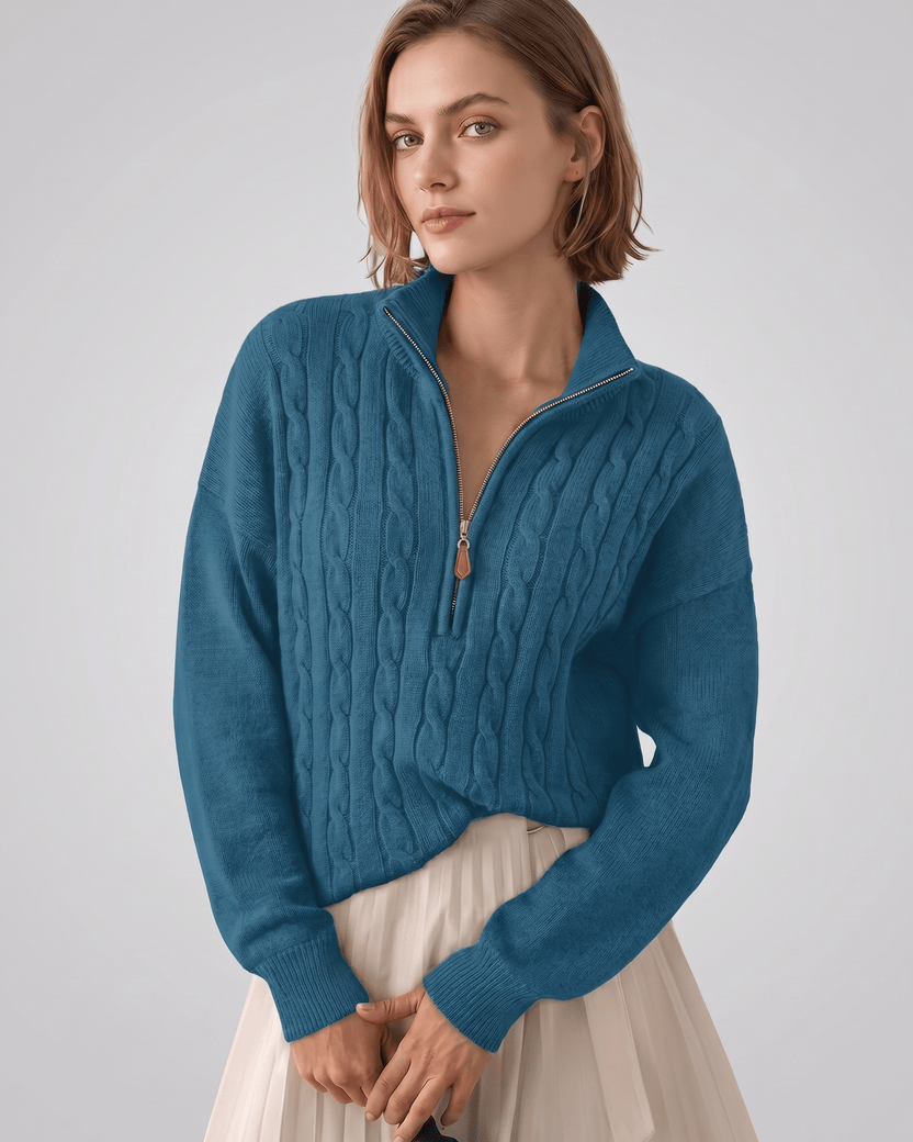Veloura Sweater by Lauven — blue women’s cable knit half-zip sweater with ribbed texture and relaxed fit