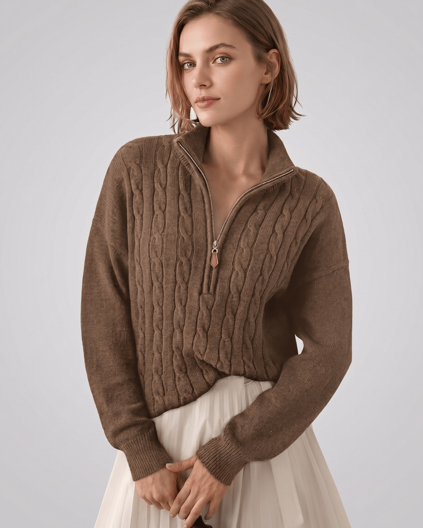 Veloura Sweater by Lauven — brown women’s cable knit half-zip sweater with ribbed texture and relaxed fit