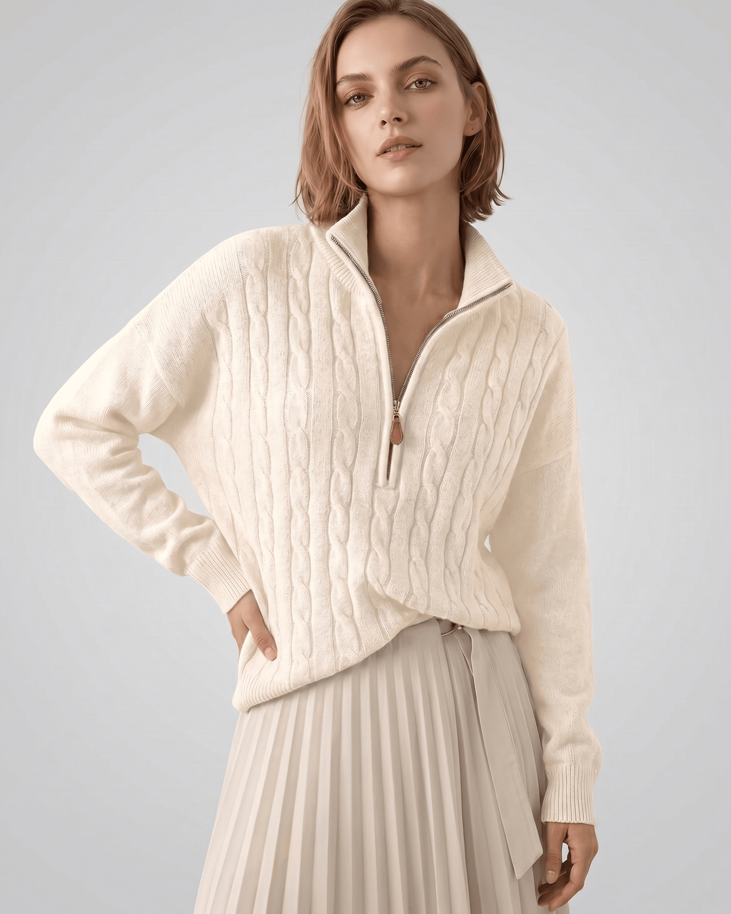 Veloura Sweater by Lauven — women’s cable knit half-zip sweater with ribbed texture and relaxed fit