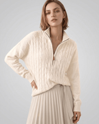 Veloura Sweater by Lauven — women’s cable knit half-zip sweater with ribbed texture and relaxed fit
