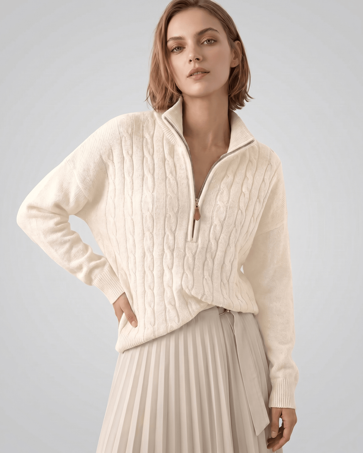 Veloura Sweater by Lauven — women’s cable knit half-zip sweater with ribbed texture and relaxed fit
