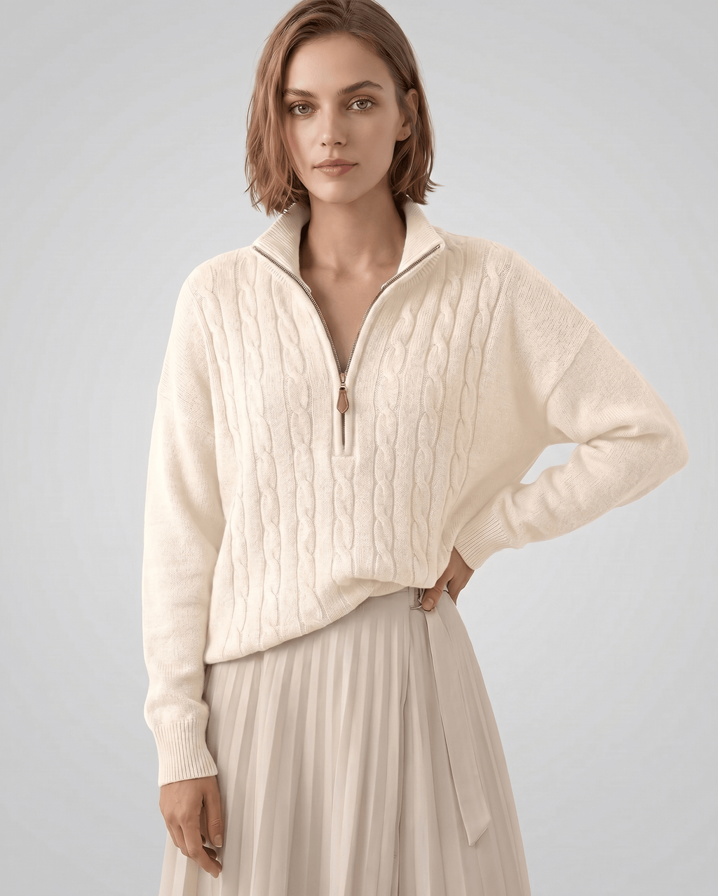 Veloura Sweater by Lauven — women’s cable knit half-zip sweater with ribbed texture and relaxed fit