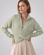 Veloura Sweater by Lauven — women’s cable knit half-zip sweater with ribbed texture and relaxed fit