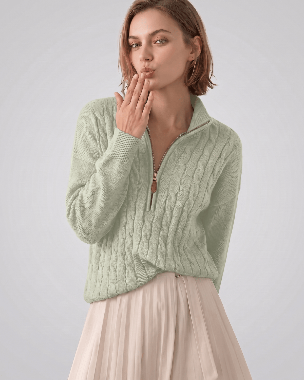 Veloura Sweater by Lauven — women’s cable knit half-zip sweater with ribbed texture and relaxed fit