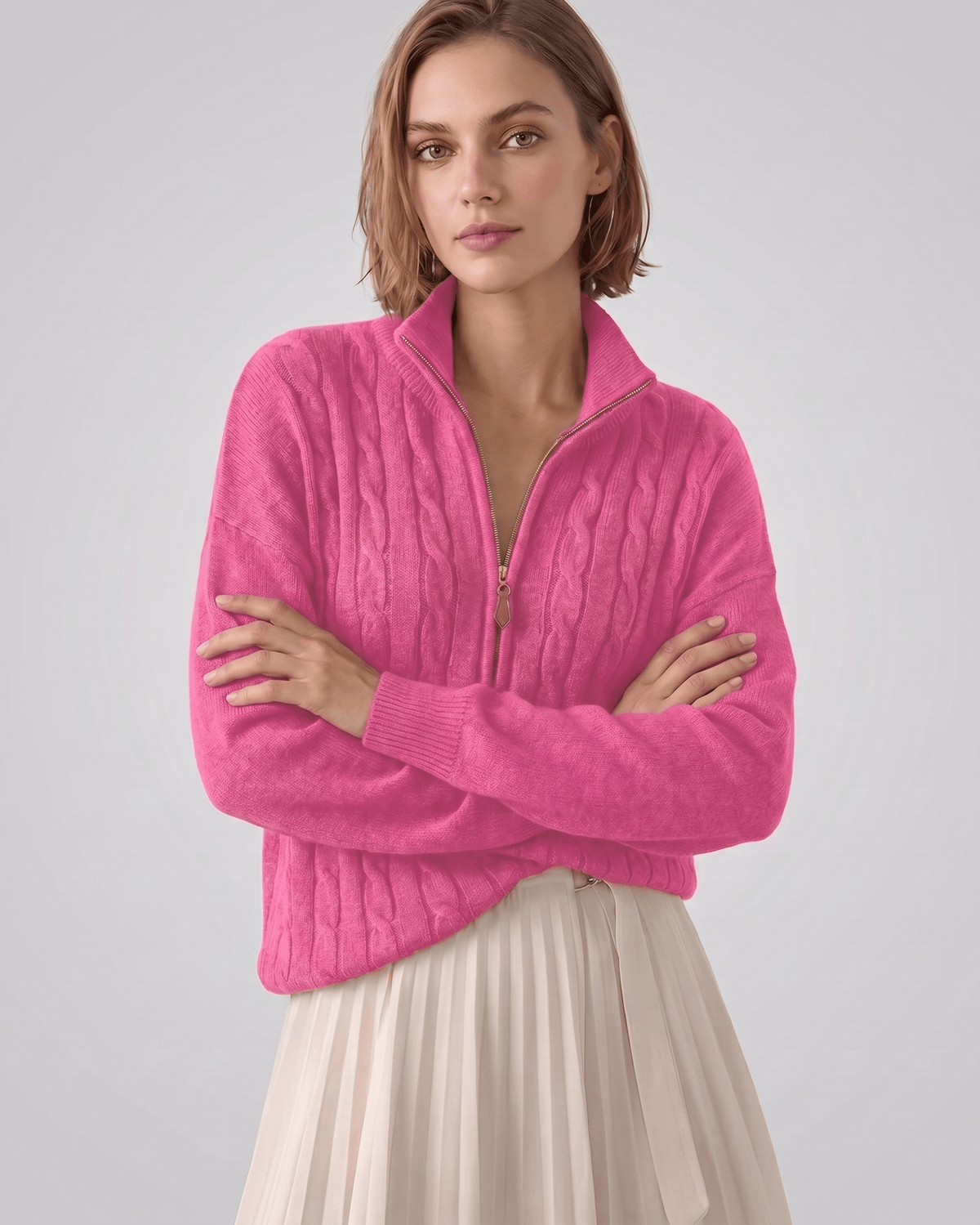 Veloura Sweater by Lauven — women’s cable knit half-zip sweater with ribbed texture and relaxed fit
