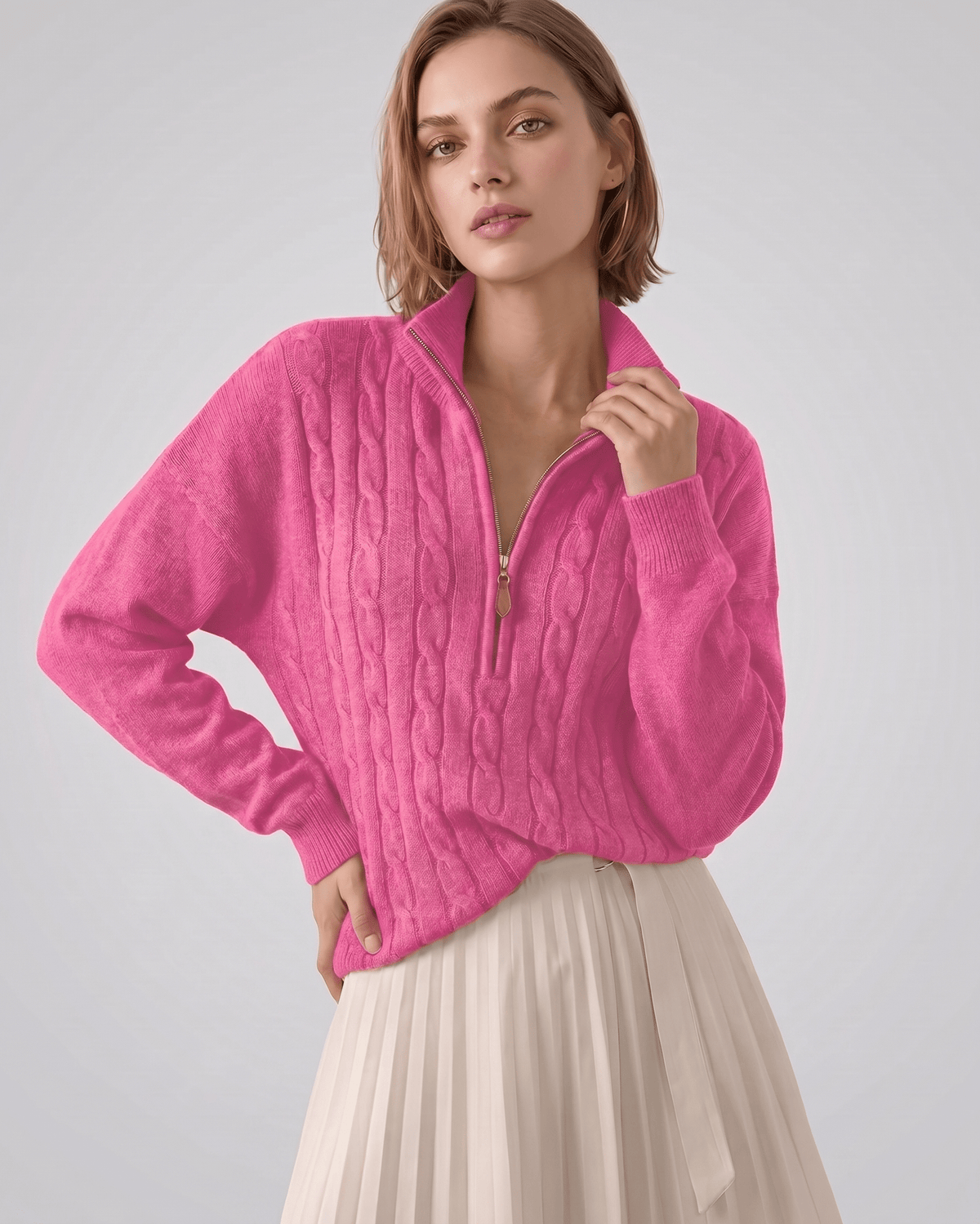 Veloura Sweater by Lauven — women’s cable knit half-zip sweater with ribbed texture and relaxed fit