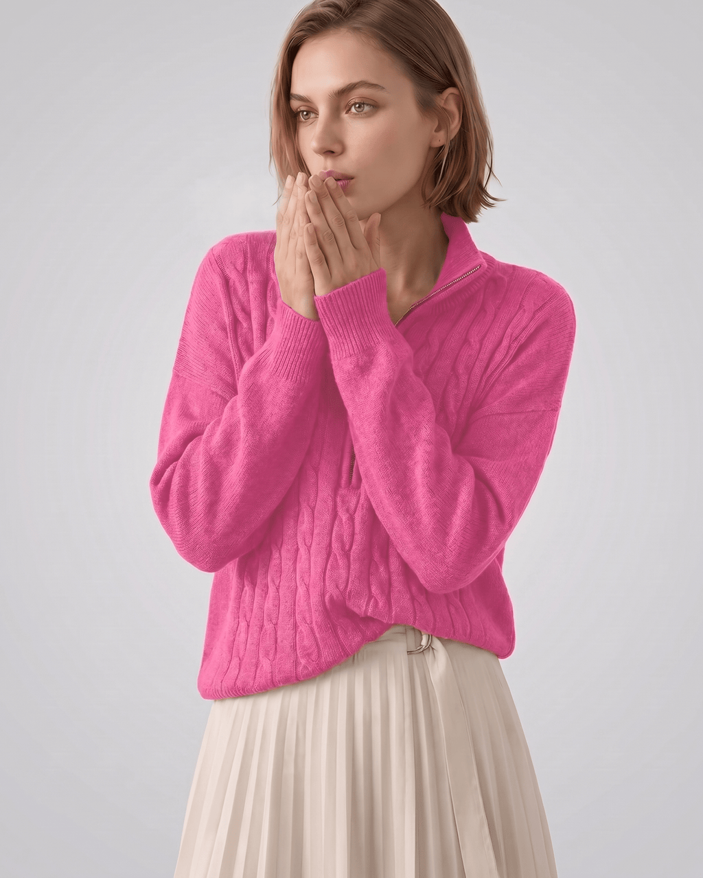 Veloura Sweater by Lauven — women’s cable knit half-zip sweater with ribbed texture and relaxed fit
