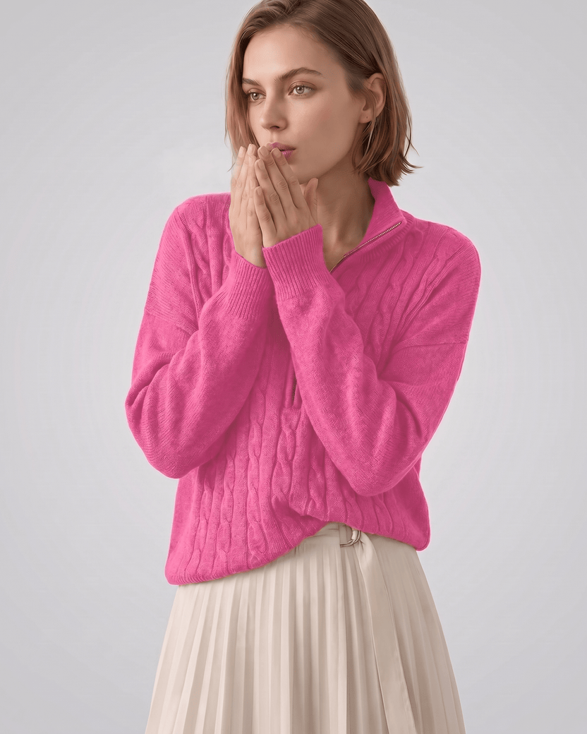 Veloura Sweater by Lauven — women’s cable knit half-zip sweater with ribbed texture and relaxed fit