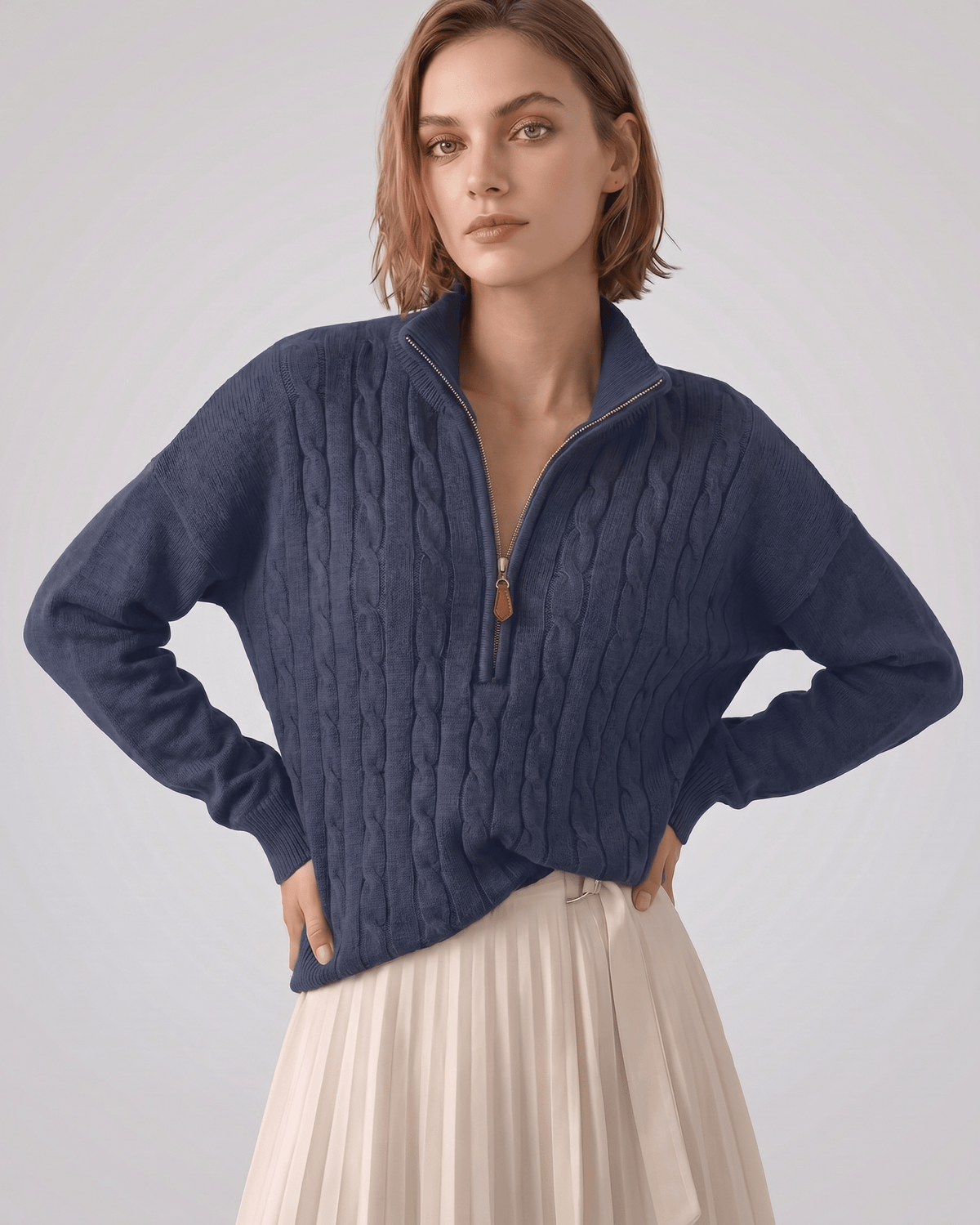 Veloura Sweater by Lauven — women’s cable knit half-zip sweater with ribbed texture and relaxed fit