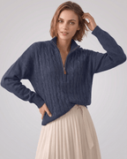 Veloura Sweater by Lauven — women’s cable knit half-zip sweater with ribbed texture and relaxed fit