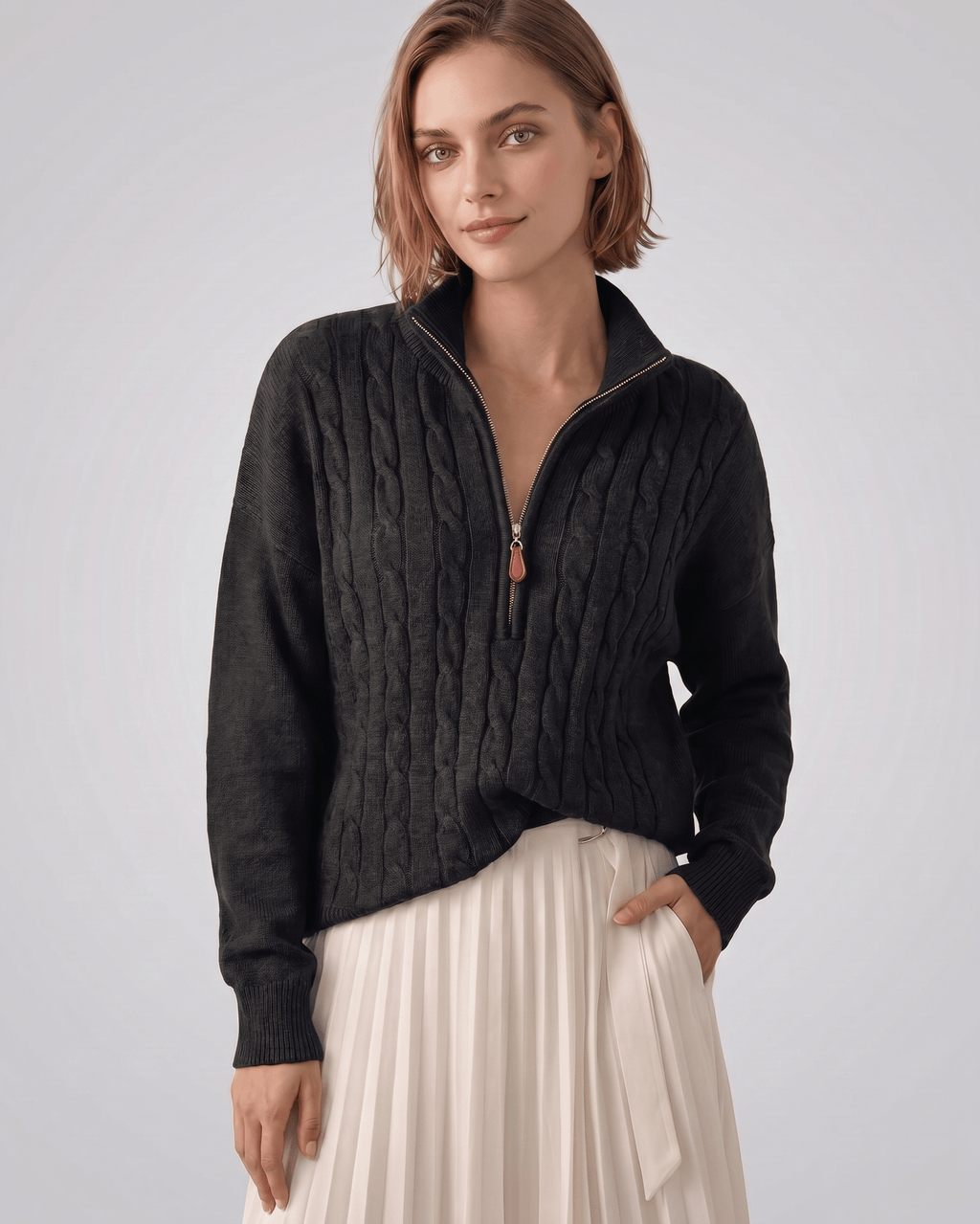 Veloura Sweater by Lauven — women’s cable knit half-zip sweater with ribbed texture and relaxed fit