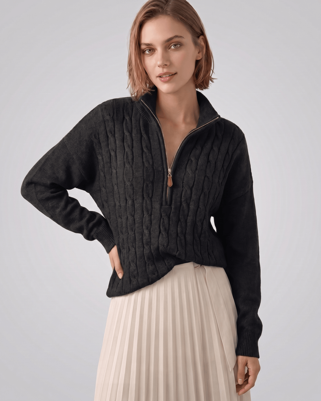 Veloura Sweater by Lauven — women’s cable knit half-zip sweater with ribbed texture and relaxed fit