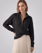Veloura Sweater by Lauven — women’s cable knit half-zip sweater with ribbed texture and relaxed fit