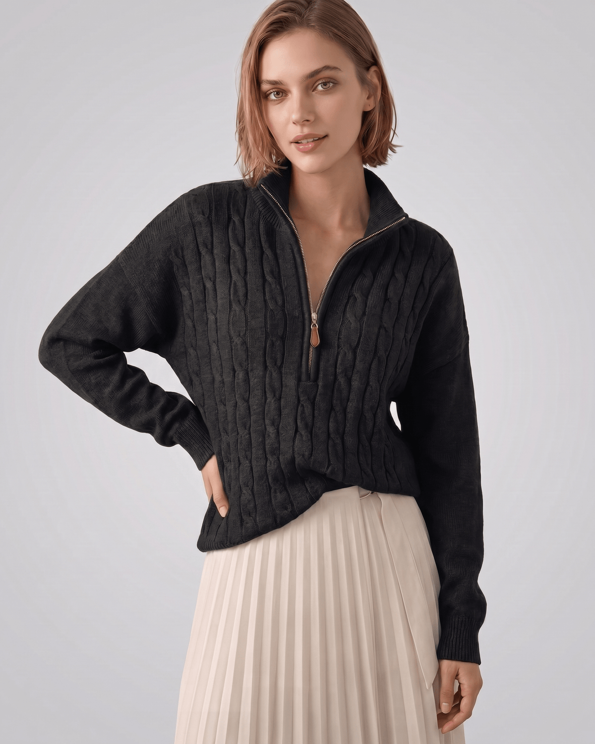 Veloura Sweater by Lauven — women’s cable knit half-zip sweater with ribbed texture and relaxed fit