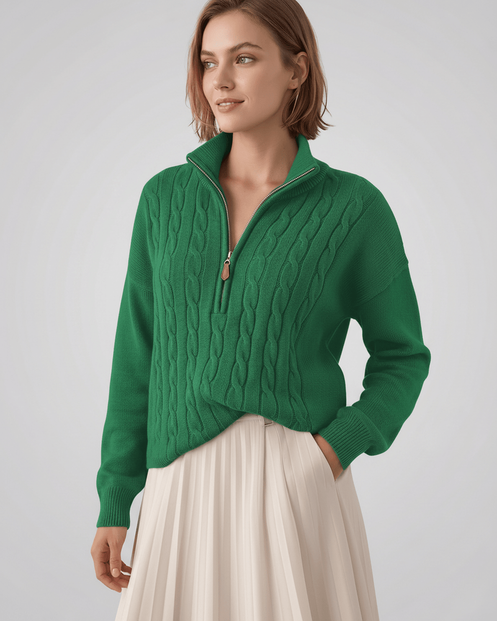 Veloura Sweater by Lauven — women’s cable knit half-zip sweater with ribbed texture and relaxed fit