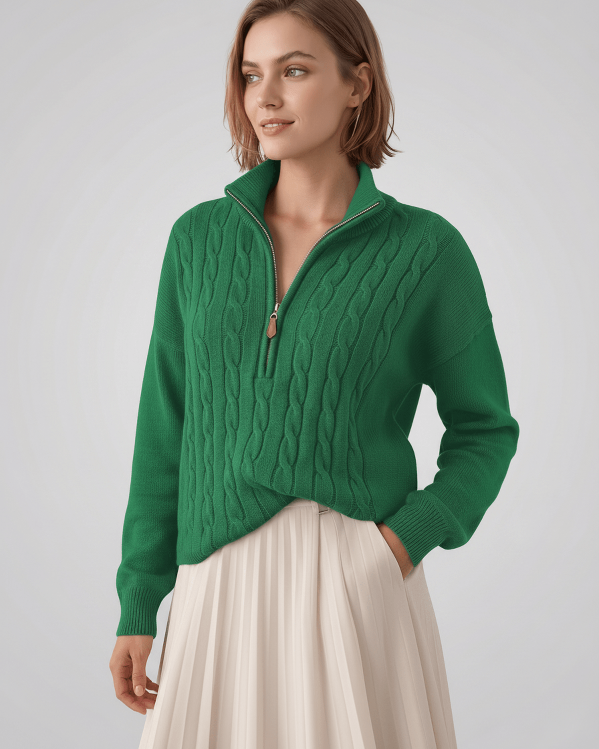 Veloura Sweater by Lauven — women’s cable knit half-zip sweater with ribbed texture and relaxed fit