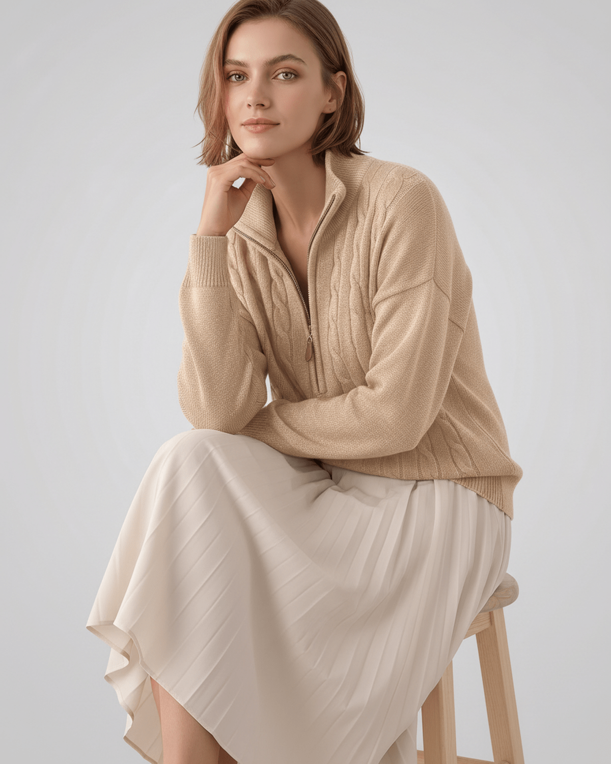 Veloura Sweater by Lauven — women’s cable knit half-zip sweater with ribbed texture and relaxed fit