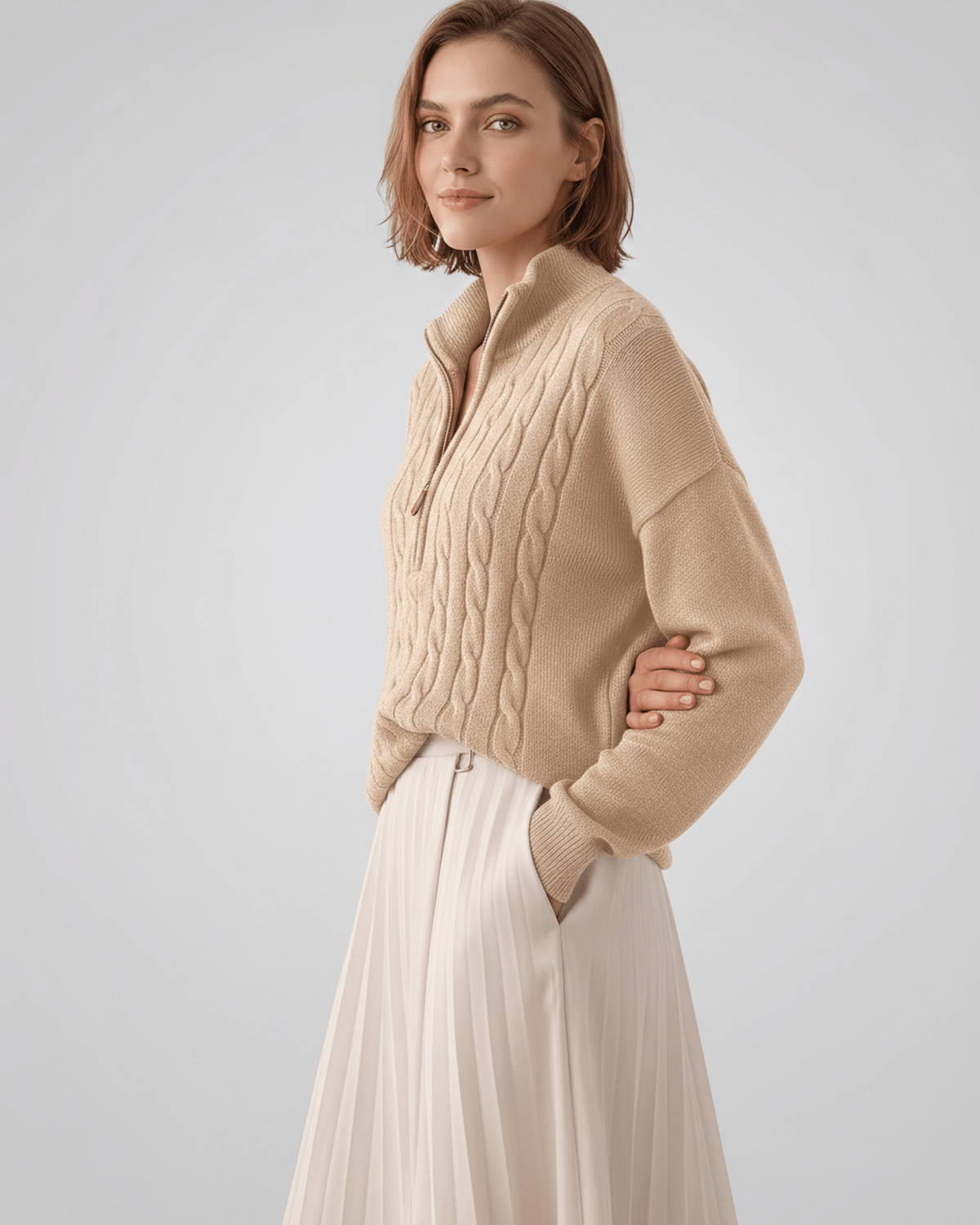 Veloura Sweater by Lauven — women’s cable knit half-zip sweater with ribbed texture and relaxed fit