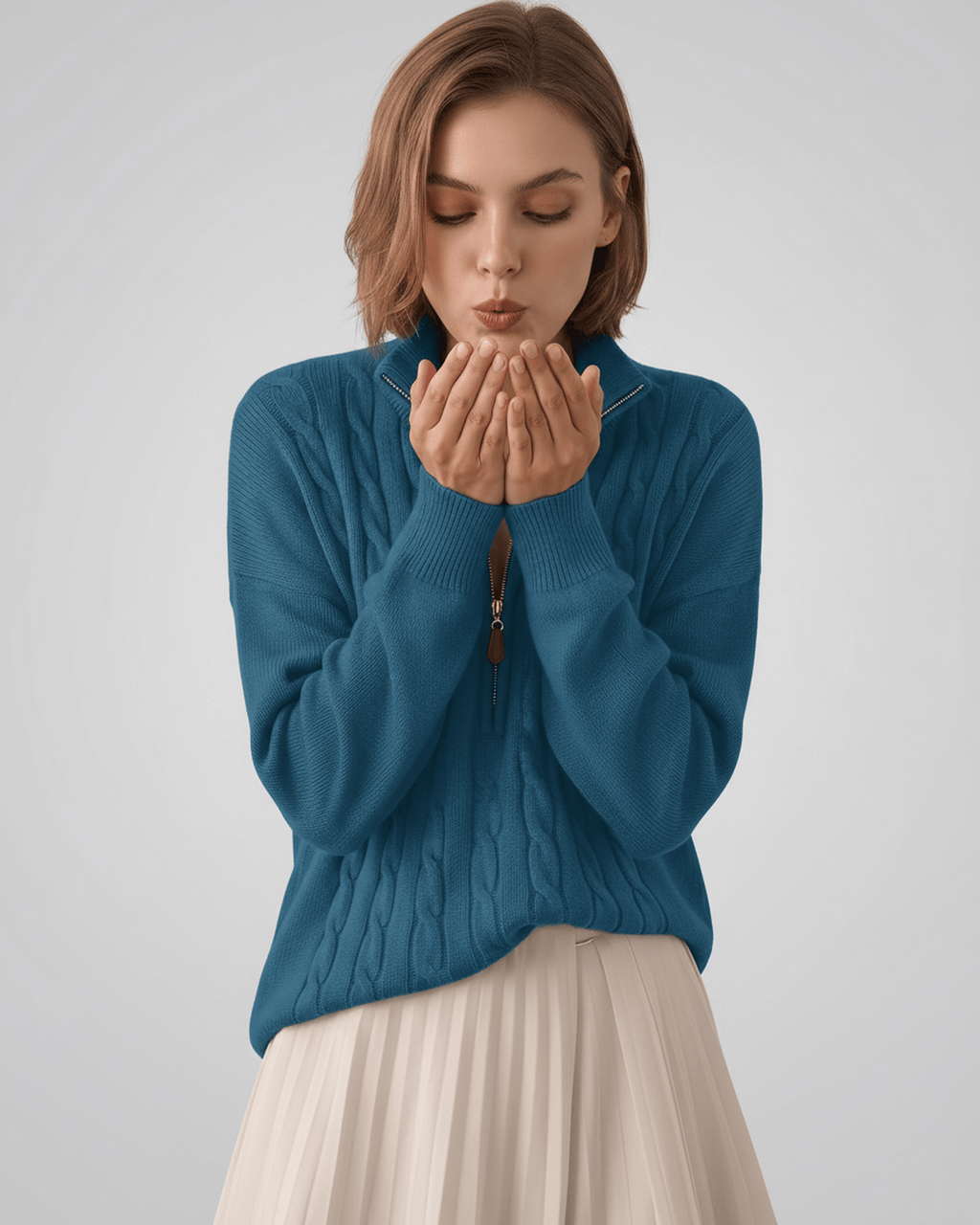 Veloura Sweater by Lauven — women’s cable knit half-zip sweater with ribbed texture and relaxed fit