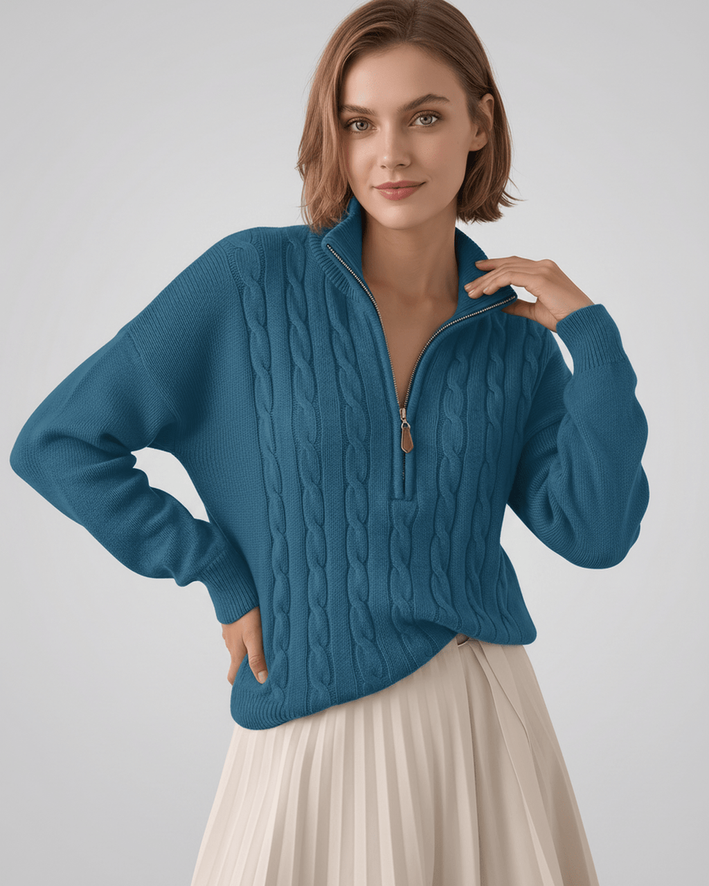 Veloura Sweater by Lauven — women’s cable knit half-zip sweater with ribbed texture and relaxed fit