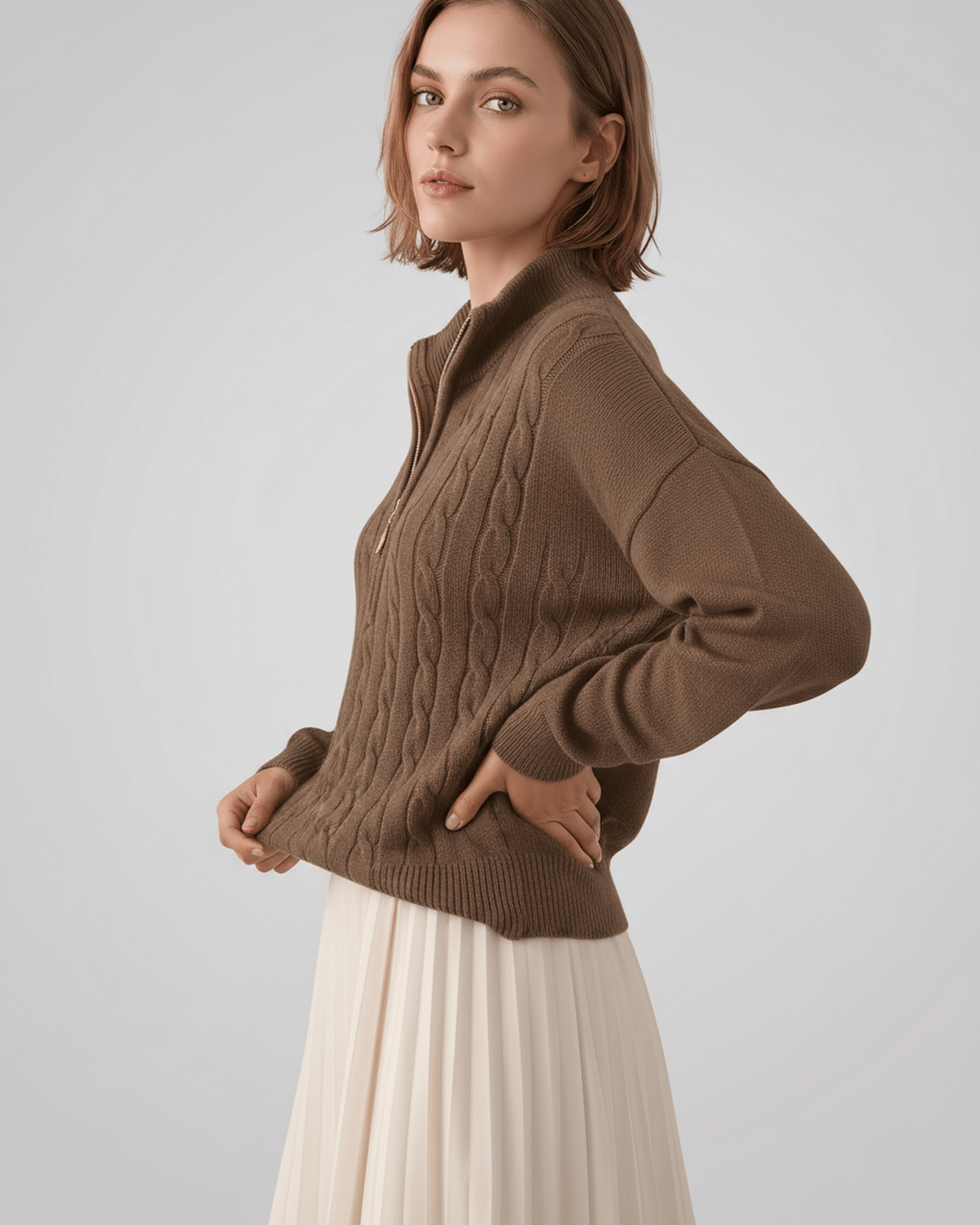 Veloura Sweater by Lauven — women’s cable knit half-zip sweater with ribbed texture and relaxed fit