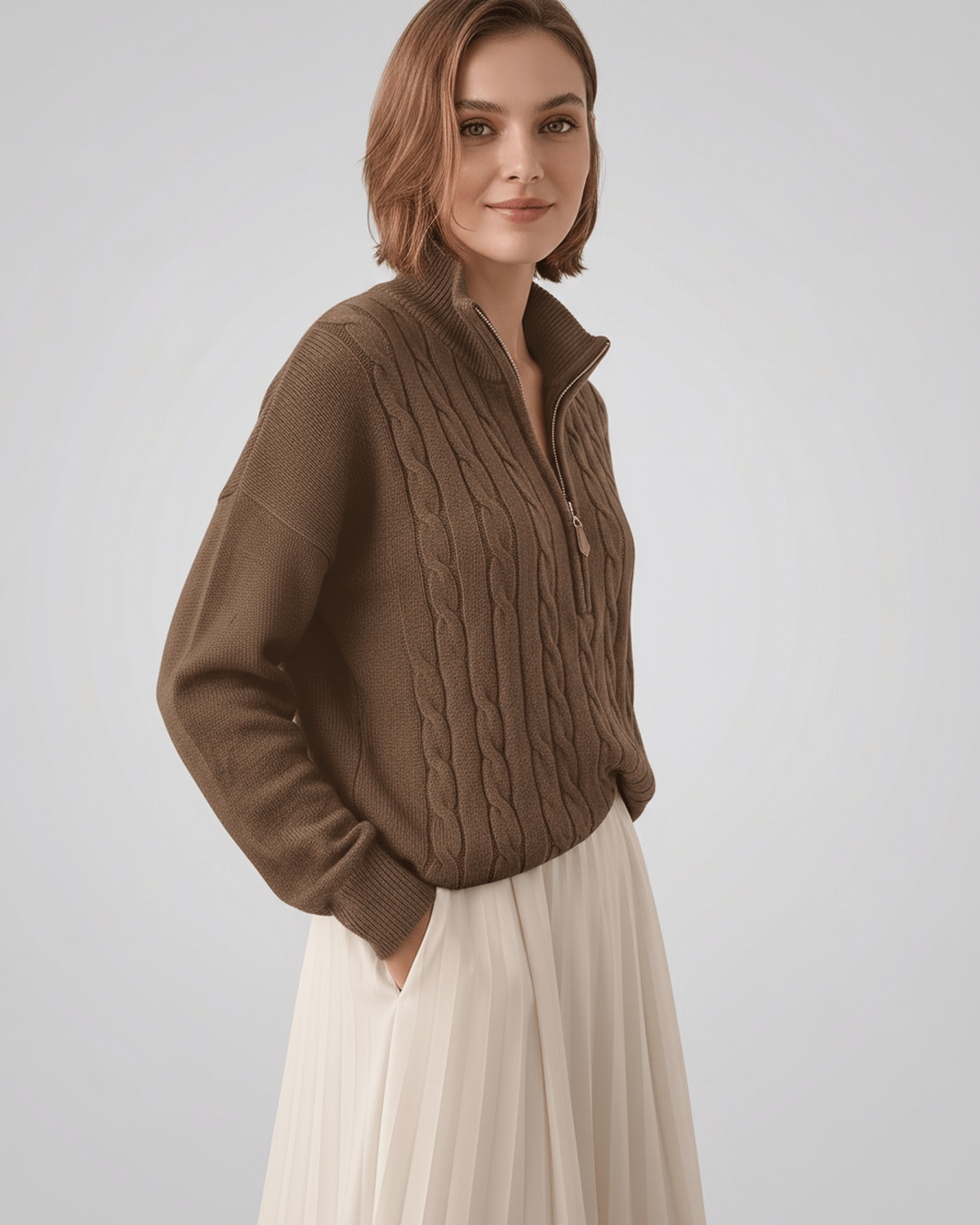 Veloura Sweater by Lauven — women’s cable knit half-zip sweater with ribbed texture and relaxed fit