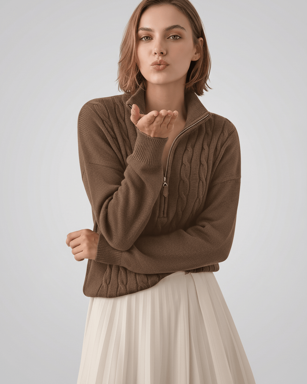 Veloura Sweater by Lauven — women’s cable knit half-zip sweater with ribbed texture and relaxed fit