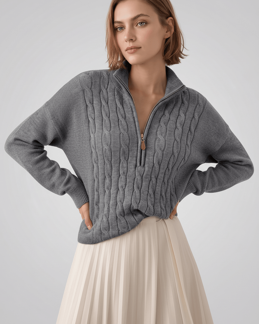 Veloura Sweater by Lauven — women’s cable knit half-zip sweater with ribbed texture and relaxed fit