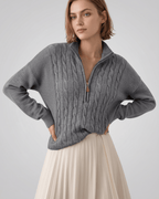 Veloura Sweater by Lauven — women’s cable knit half-zip sweater with ribbed texture and relaxed fit