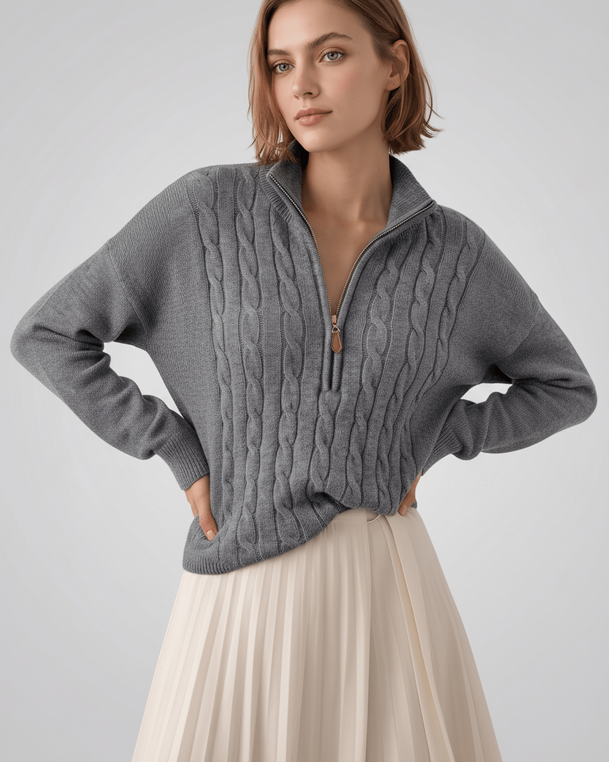 Veloura Sweater by Lauven — women’s cable knit half-zip sweater with ribbed texture and relaxed fit