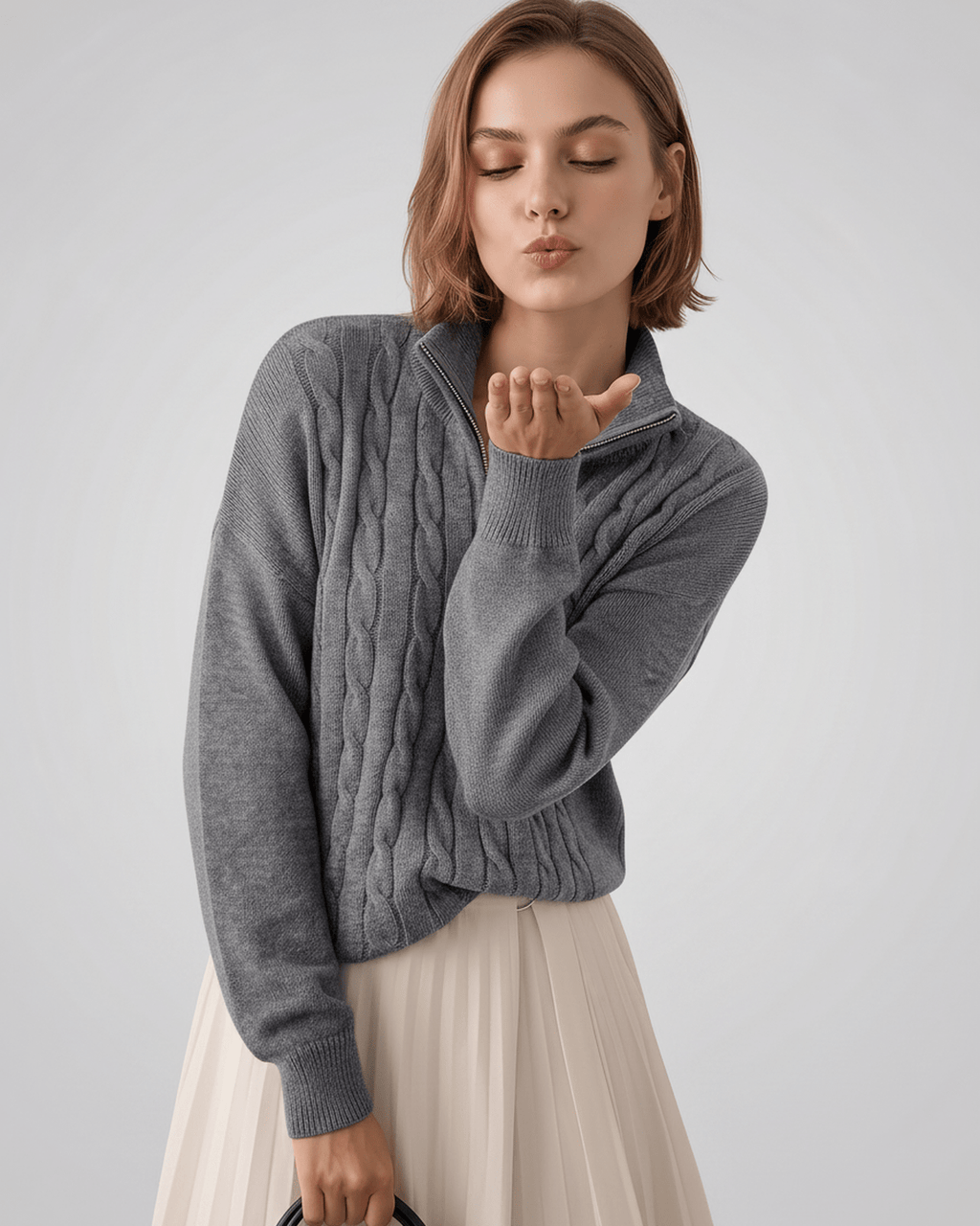 Veloura Sweater by Lauven — women’s cable knit half-zip sweater with ribbed texture and relaxed fit