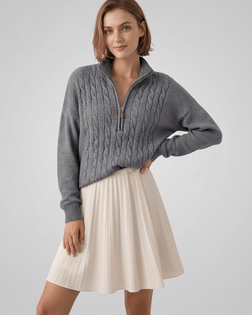 Veloura Sweater by Lauven — women’s cable knit half-zip sweater with ribbed texture and relaxed fit