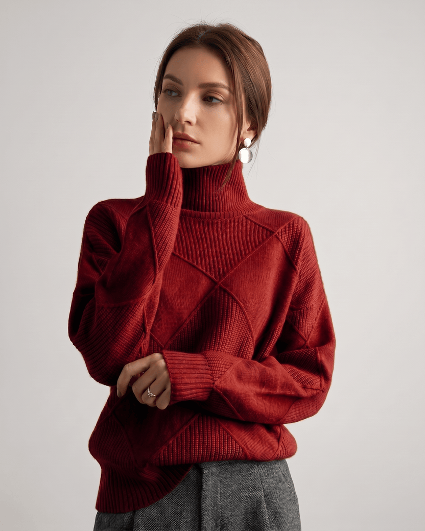 Aureline Sweater by Lauven — red women’s oversized high-neck knit sweater with geometric texture and ribbed details