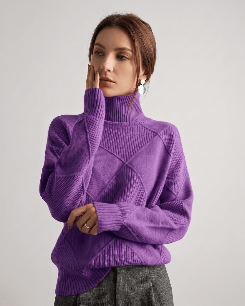 Aureline Sweater by Lauven — lilac women’s oversized high-neck knit sweater with geometric texture and ribbed details