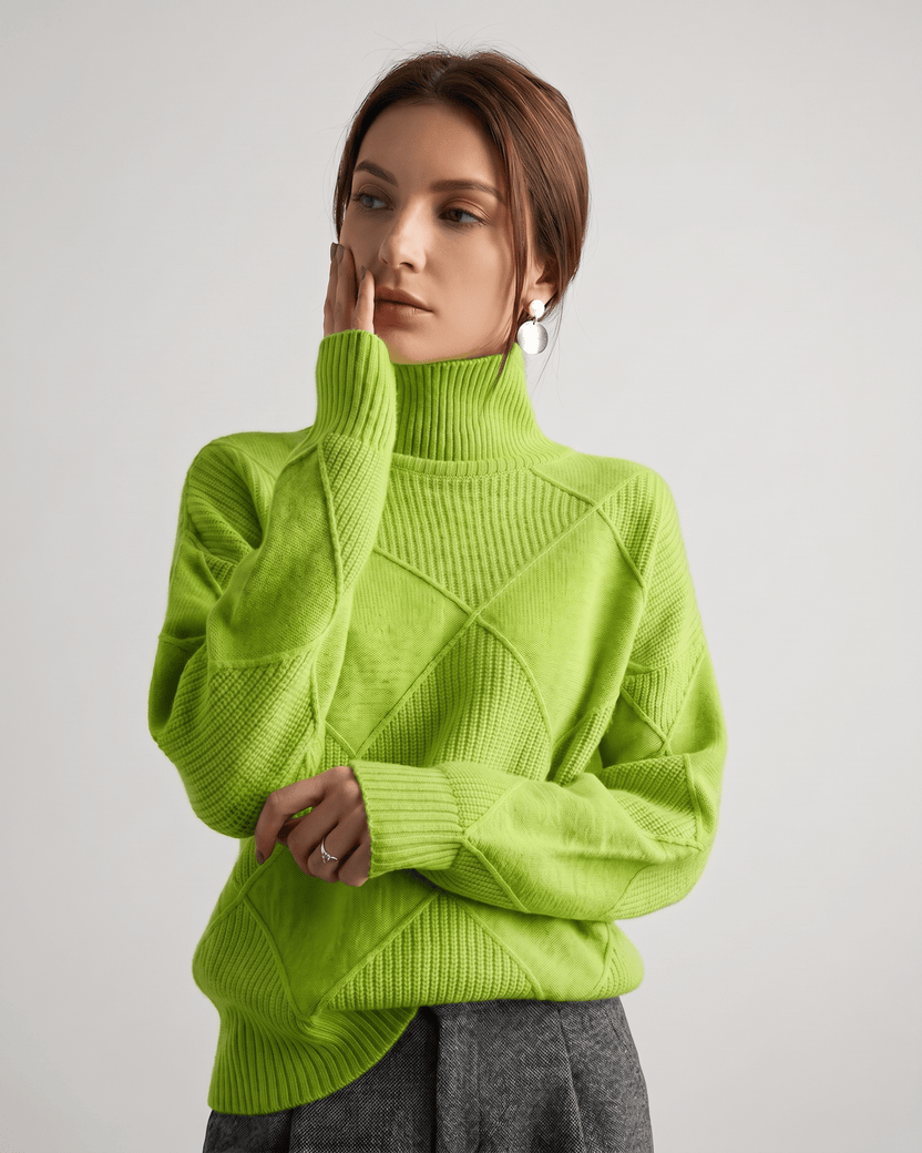 Aureline Sweater by Lauven — green women’s oversized high-neck knit sweater with geometric texture and ribbed details