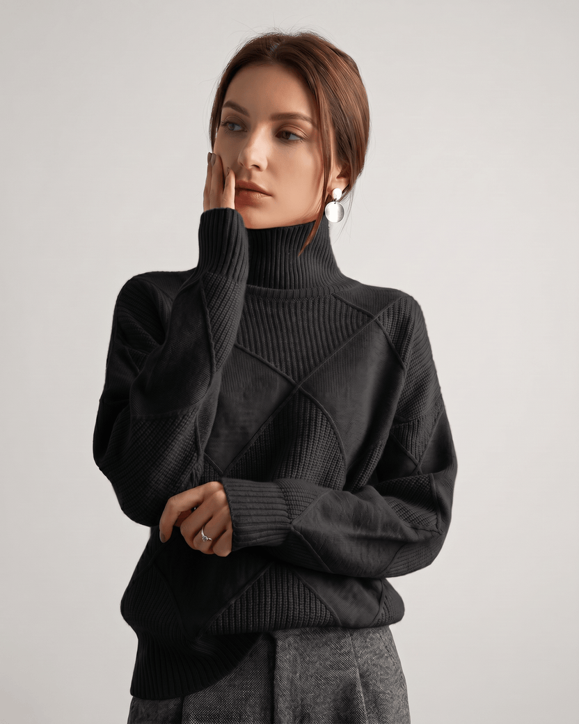 Aureline Sweater by Lauven — black women’s oversized high-neck knit sweater with geometric texture and ribbed details