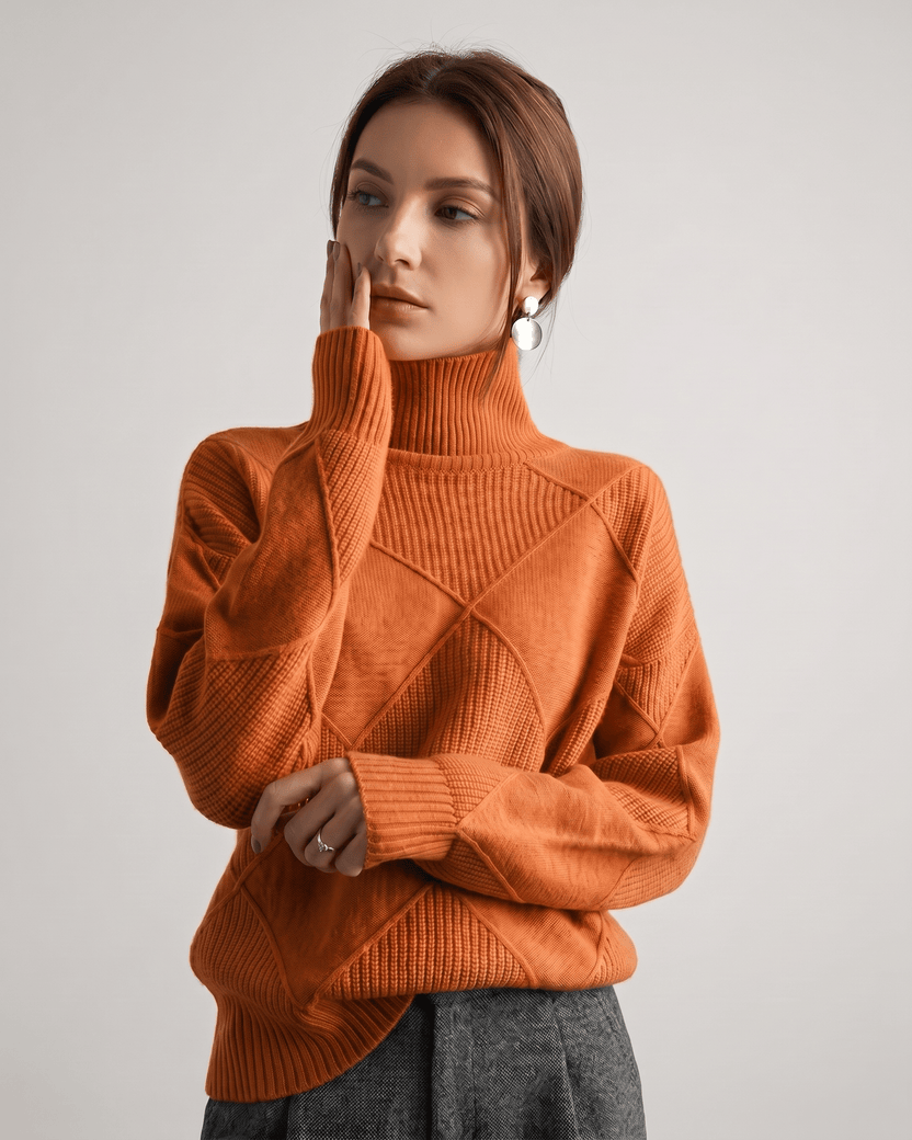 Aureline Sweater by Lauven — orange women’s oversized high-neck knit sweater with geometric texture and ribbed details