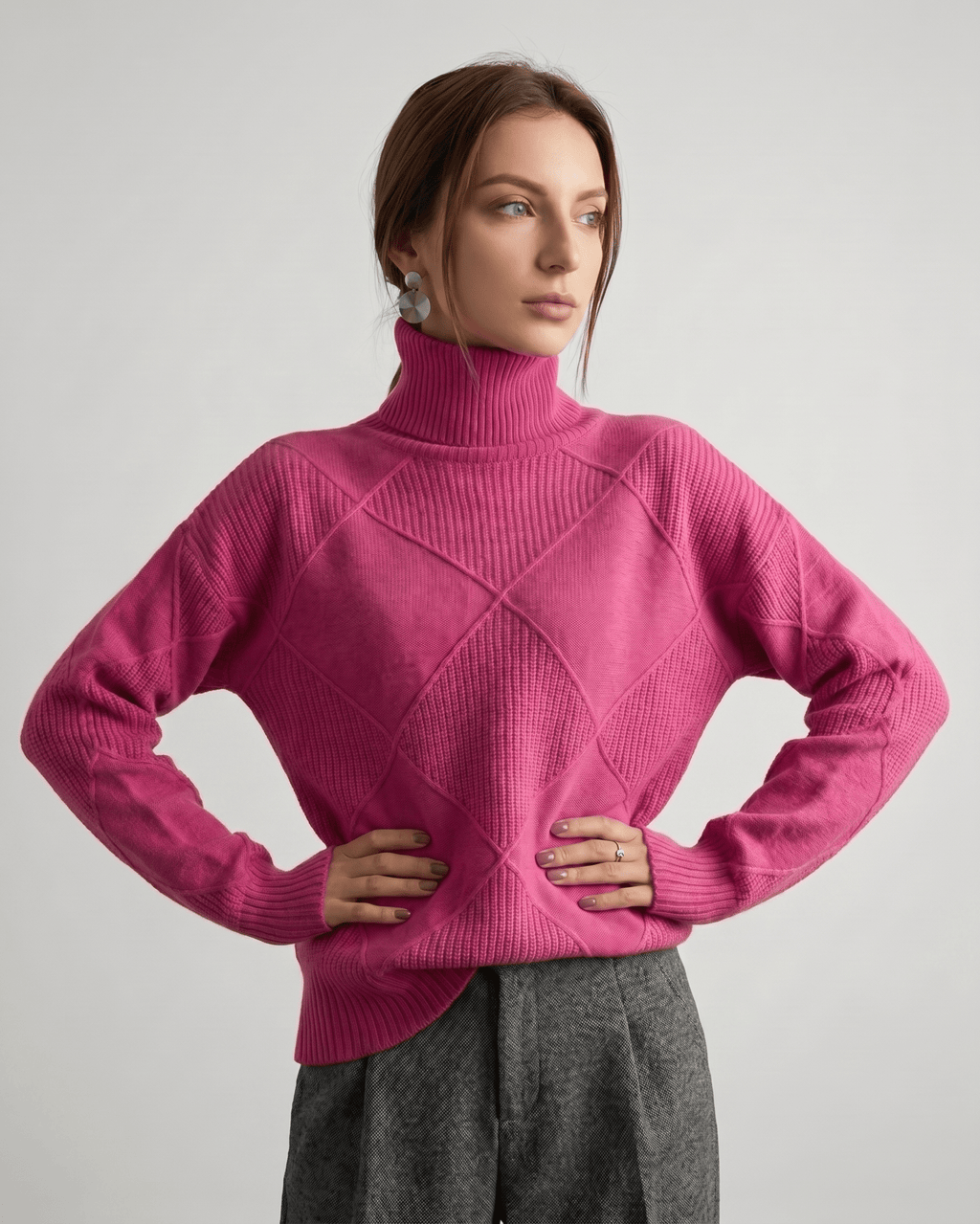 Aureline Sweater by Lauven — women’s oversized high-neck knit sweater with geometric texture and ribbed details