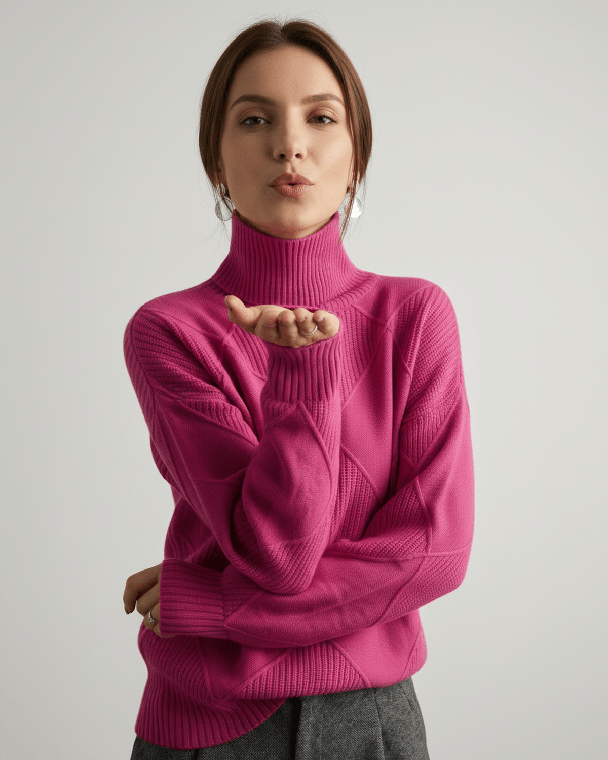 Aureline Sweater by Lauven — women’s oversized high-neck knit sweater with geometric texture and ribbed details