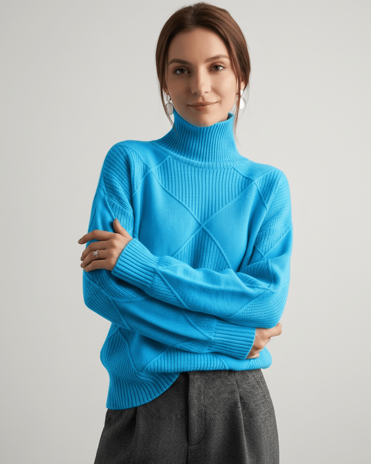 Aureline Sweater by Lauven — women’s oversized high-neck knit sweater with geometric texture and ribbed details