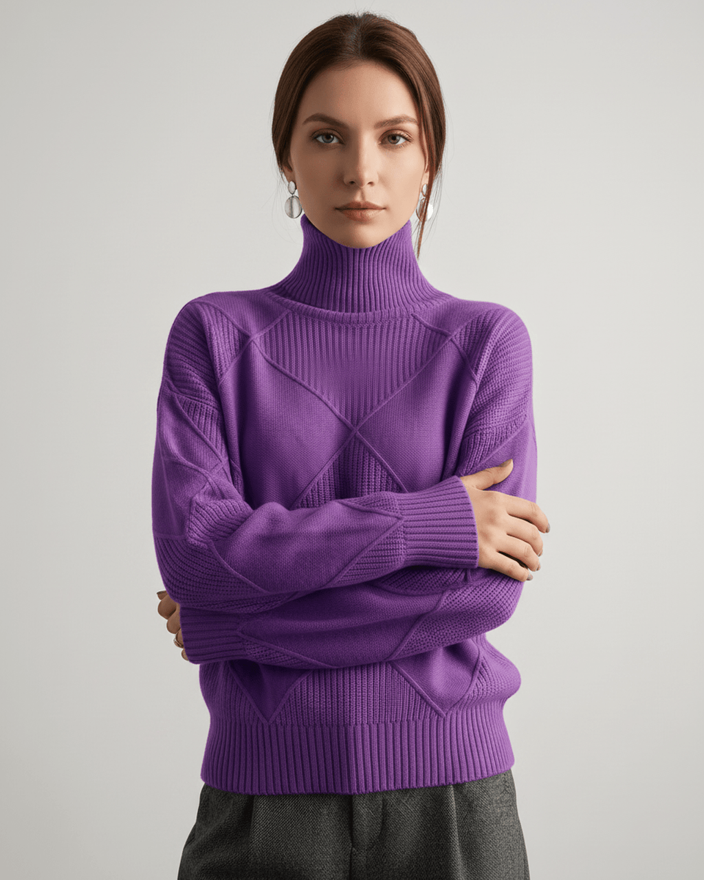Aureline Sweater by Lauven — women’s oversized high-neck knit sweater with geometric texture and ribbed details