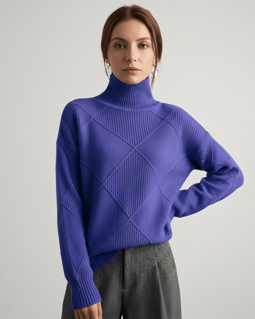 Aureline Sweater by Lauven — women’s oversized high-neck knit sweater with geometric texture and ribbed details
