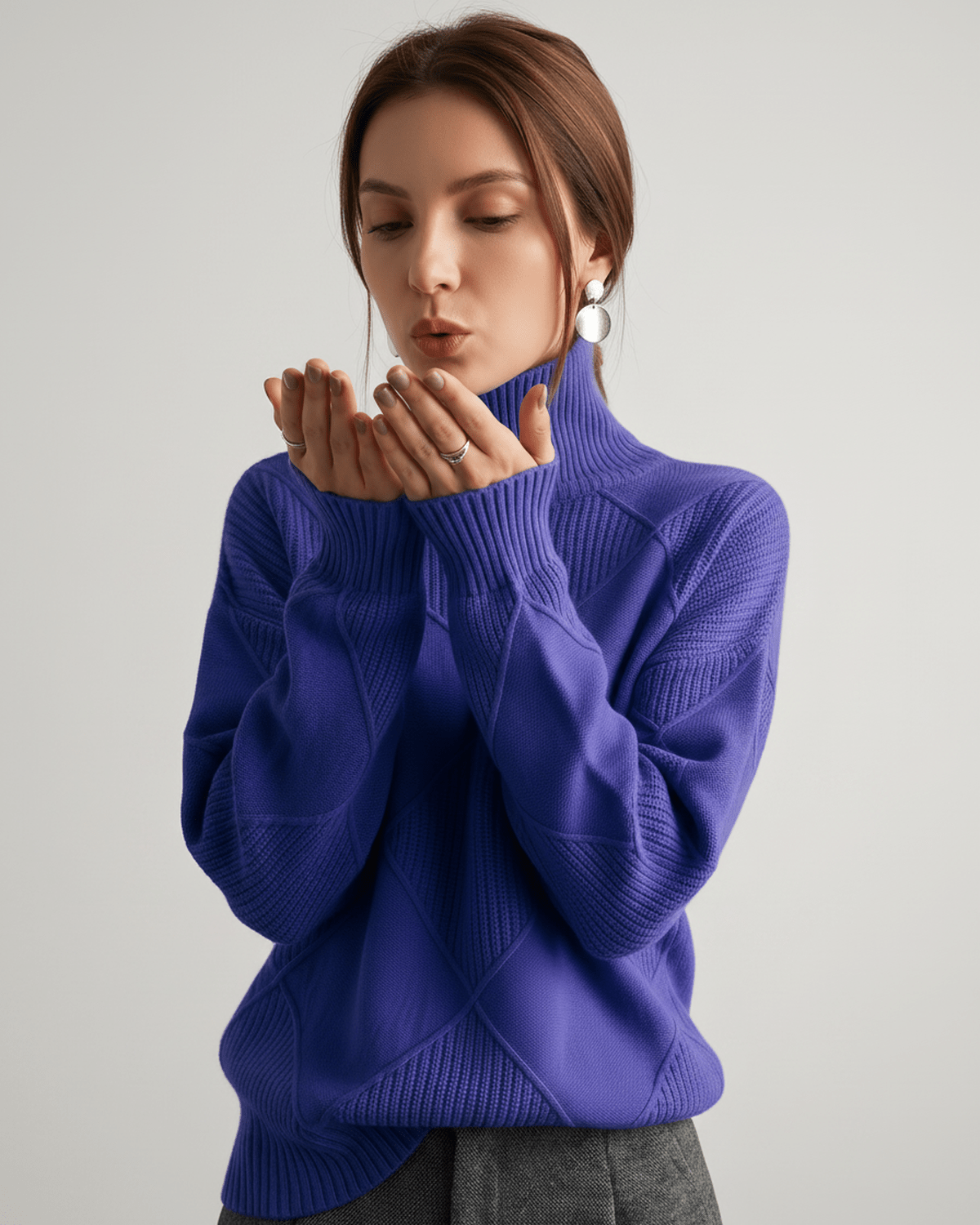 Aureline Sweater by Lauven — women’s oversized high-neck knit sweater with geometric texture and ribbed details